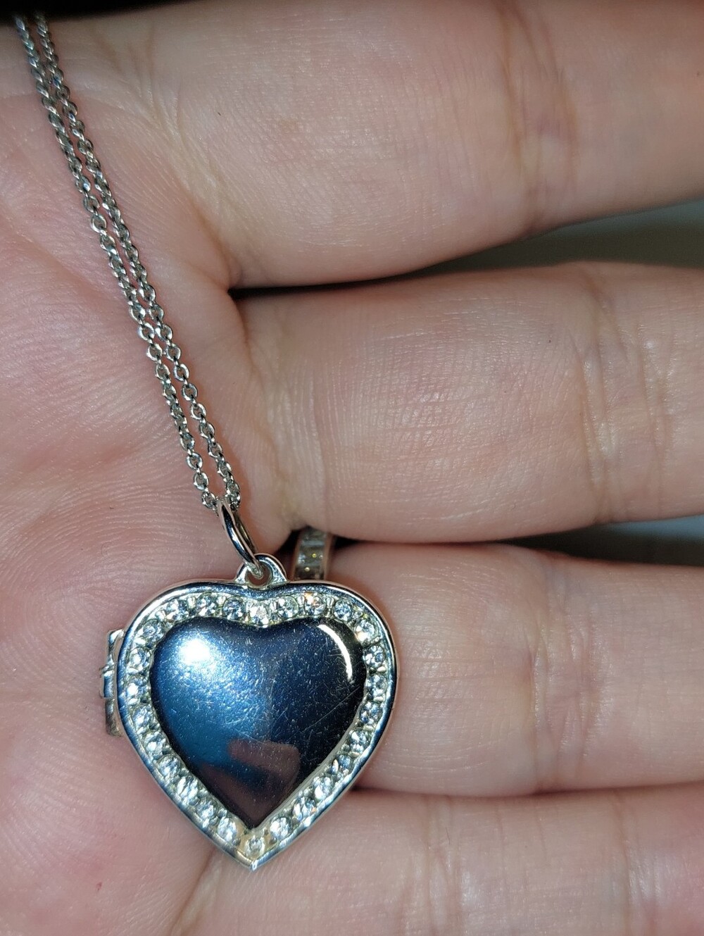 Sterling Silver Heart Locket Necklace with Clear Crystals - Silver